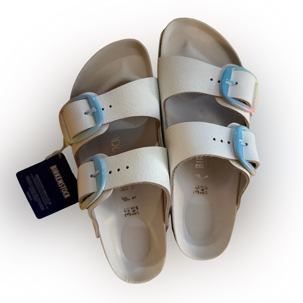 Birkenstock White Sandals with Pastel Rainbow Buckles- tags still on never worn